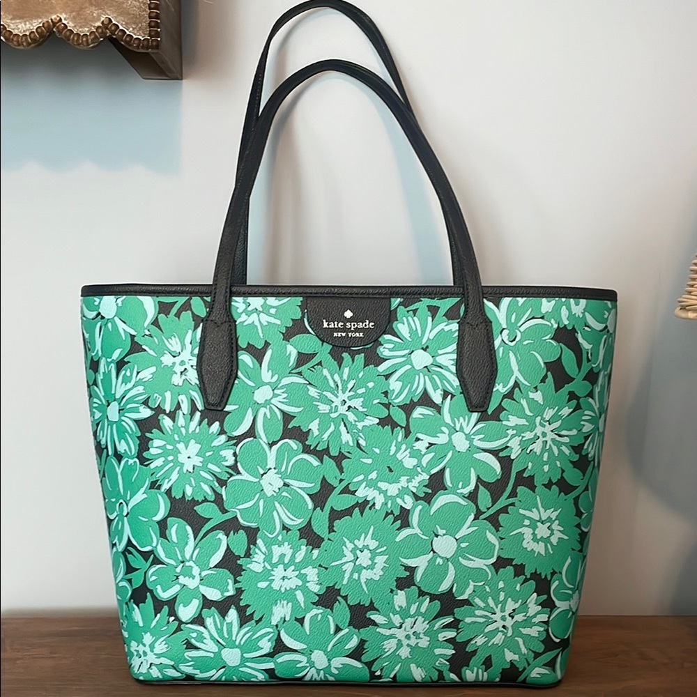 Kate Spade Green and Navy Blue Floral Tote